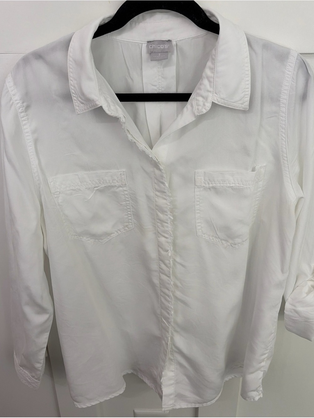Chico's White Long-Sleeve Button-Down Shirt with Chest Pockets